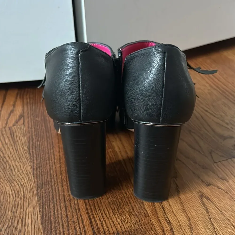 Trina Turk Black Fringe Peep-Toe Block Heel Shoes with Pink Lining